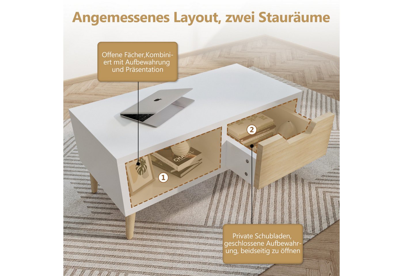 Lexzurn Couchtisch Couchtisch, Kaffeetisch, Sofatisch mit Schubladen (106 x 58 x 39,5 cm), und offenen Ablagefächern, Wohnzimmertisch, Weiß+Naturholz – Bild 4 von 5