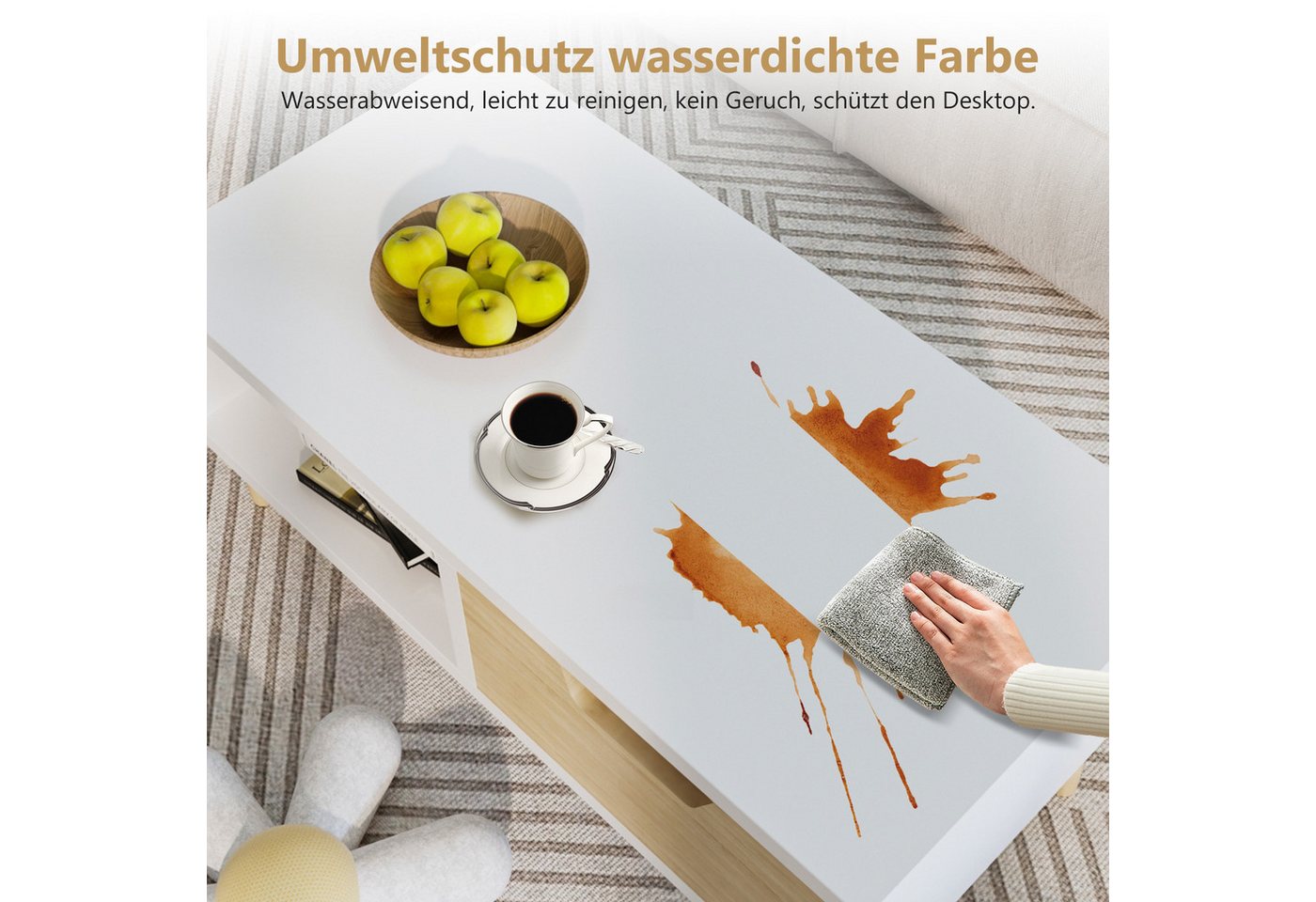 Lexzurn Couchtisch Couchtisch, Kaffeetisch, Sofatisch mit Schubladen (106 x 58 x 39,5 cm), und offenen Ablagefächern, Wohnzimmertisch, Weiß+Naturholz – Bild 5 von 5