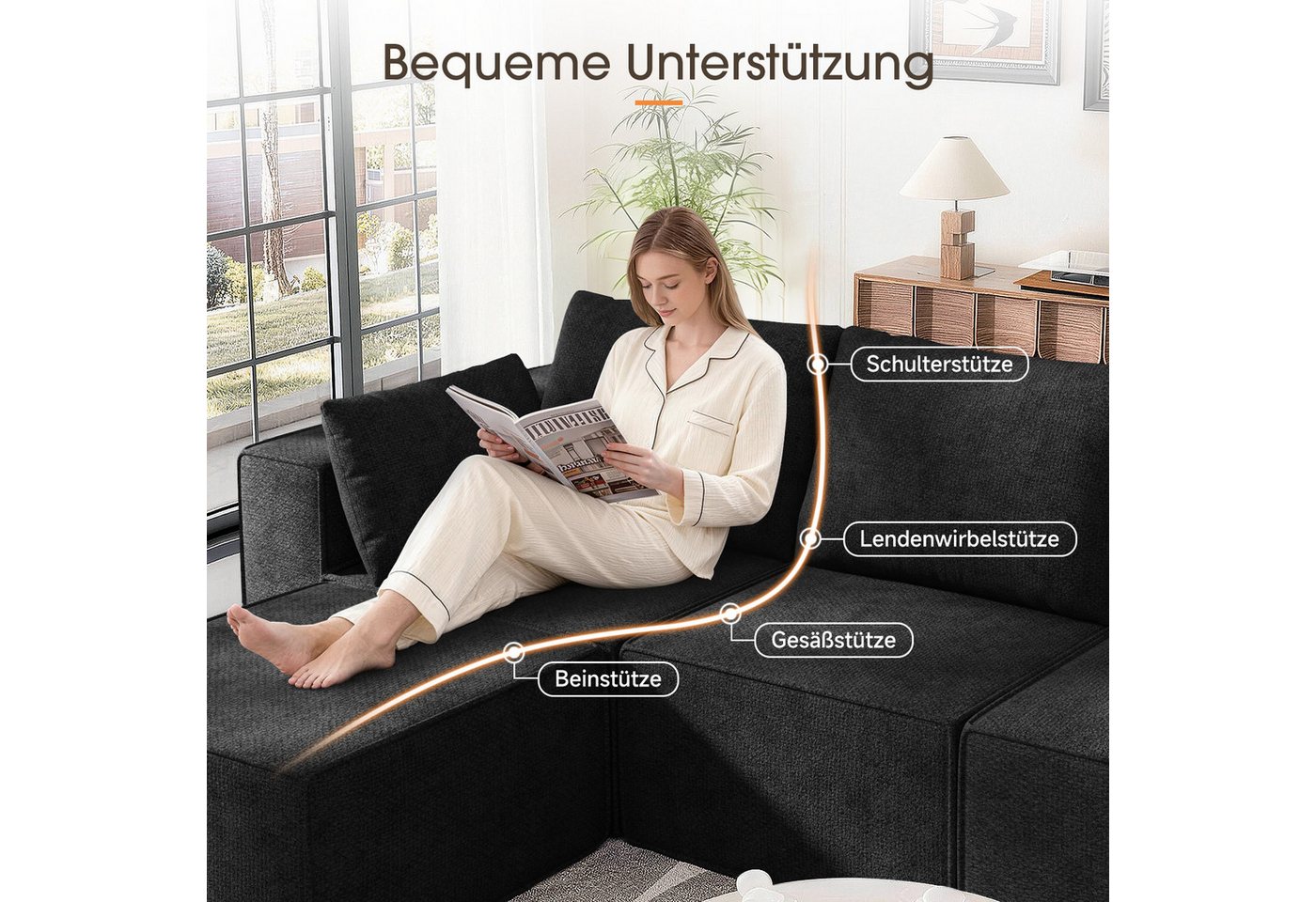 Lexzurn Ecksofa Schlafsofa mit Schlaffunktion L-Form DIY Kombination, Breit 246 cm, mit großer Chaiselongue – Bild 2 von 5