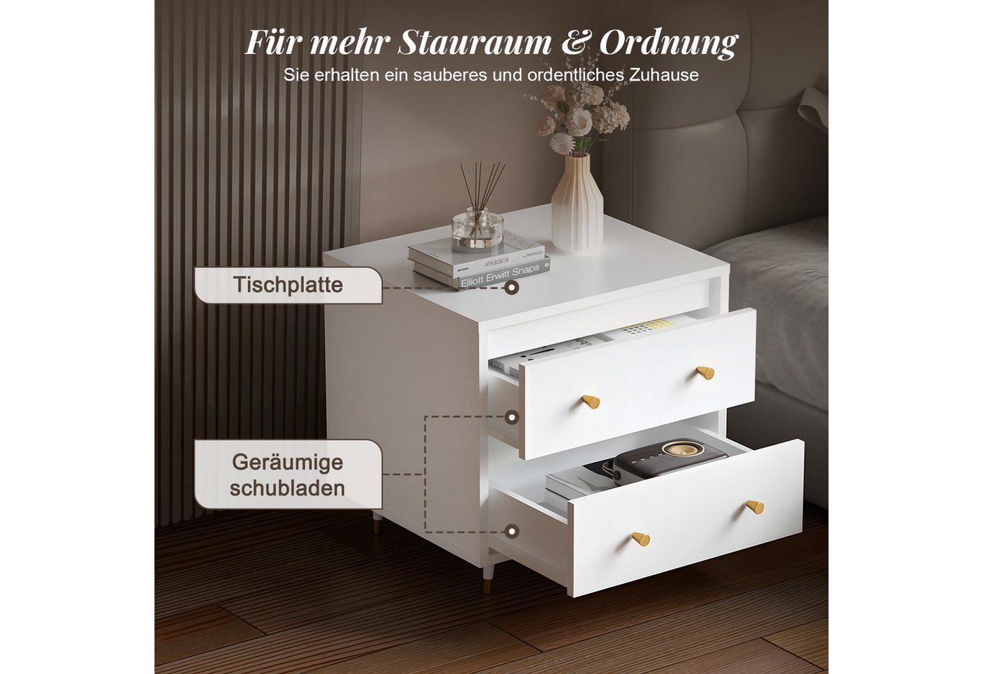 Lexzurn Nachttisch Nachttisch(1-St/2-St), Beistelltisch mit 2 Schubladen (Modern abgeschrägte Kante, Nachtschränkchen), Nachtschrank für Schlafzimmer, Wohnzimme – Bild 5 von 5
