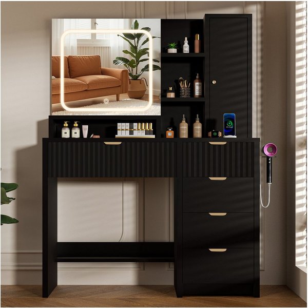 Lexzurn Schminktisch Schminktisch mit LED-Beleuchtung, Kosmetiktisch mit Spiegel, 5 Schubladen+8 offene Fächer, Helligkeit verstellbar, 90x139x40 cm