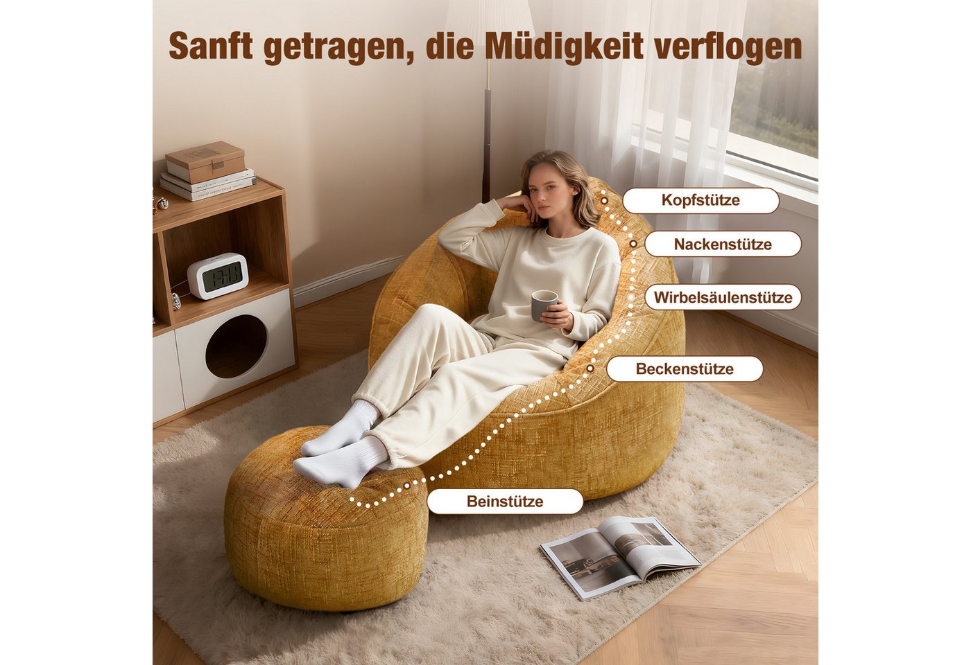 Lexzurn Sitzsack Sitzsack Lazy Sofa Gaming Sitzsack mit Hocker, Sitz Sack mit (Granularer-MemorySchwamm Füllung, Lounge Sessel, Lounge Stuhl, 97x93x77 cm Couch  – Bild 2 von 5