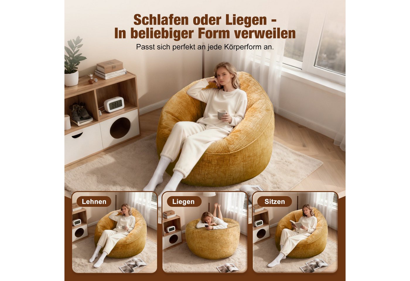 Lexzurn Sitzsack Sitzsack Lazy Sofa Gaming Sitzsack mit Hocker, Sitz Sack mit (Granularer-MemorySchwamm Füllung, Lounge Sessel, Lounge Stuhl, 97x93x77 cm Couch  – Bild 4 von 5