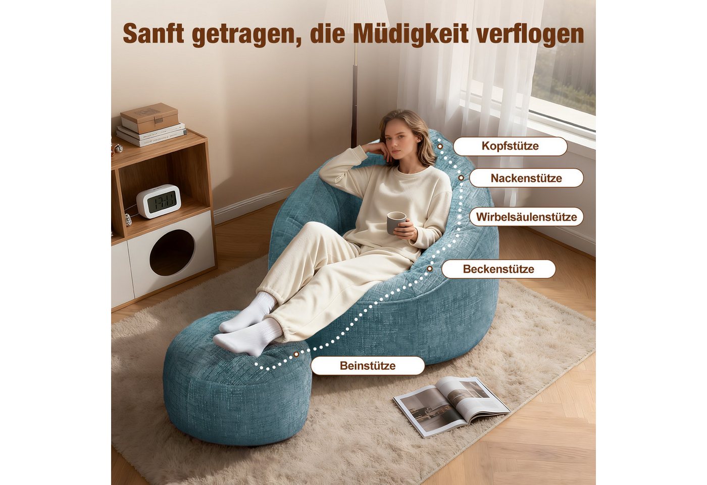 Lexzurn Sitzsack Sitzsack Lazy Sofa Gaming Sitzsack mit Hocker, Sitz Sack mit (Granularer-MemorySchwamm Füllung, Lounge Sessel, Lounge Stuhl, 97x93x77 cm Couch  – Bild 2 von 5
