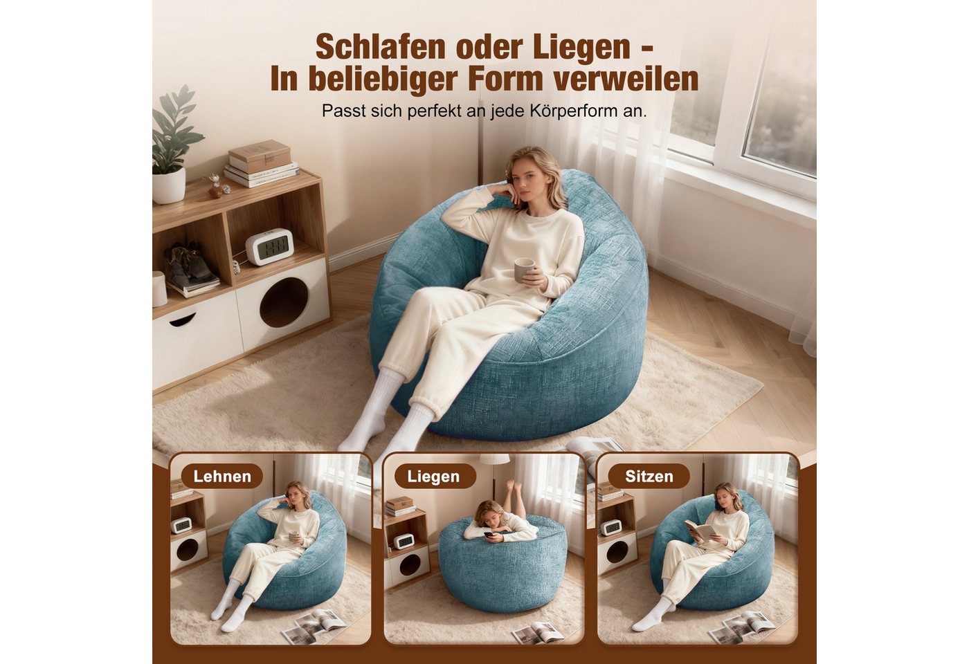 Lexzurn Sitzsack Sitzsack Lazy Sofa Gaming Sitzsack mit Hocker, Sitz Sack mit (Granularer-MemorySchwamm Füllung, Lounge Sessel, Lounge Stuhl, 97x93x77 cm Couch  – Bild 5 von 5