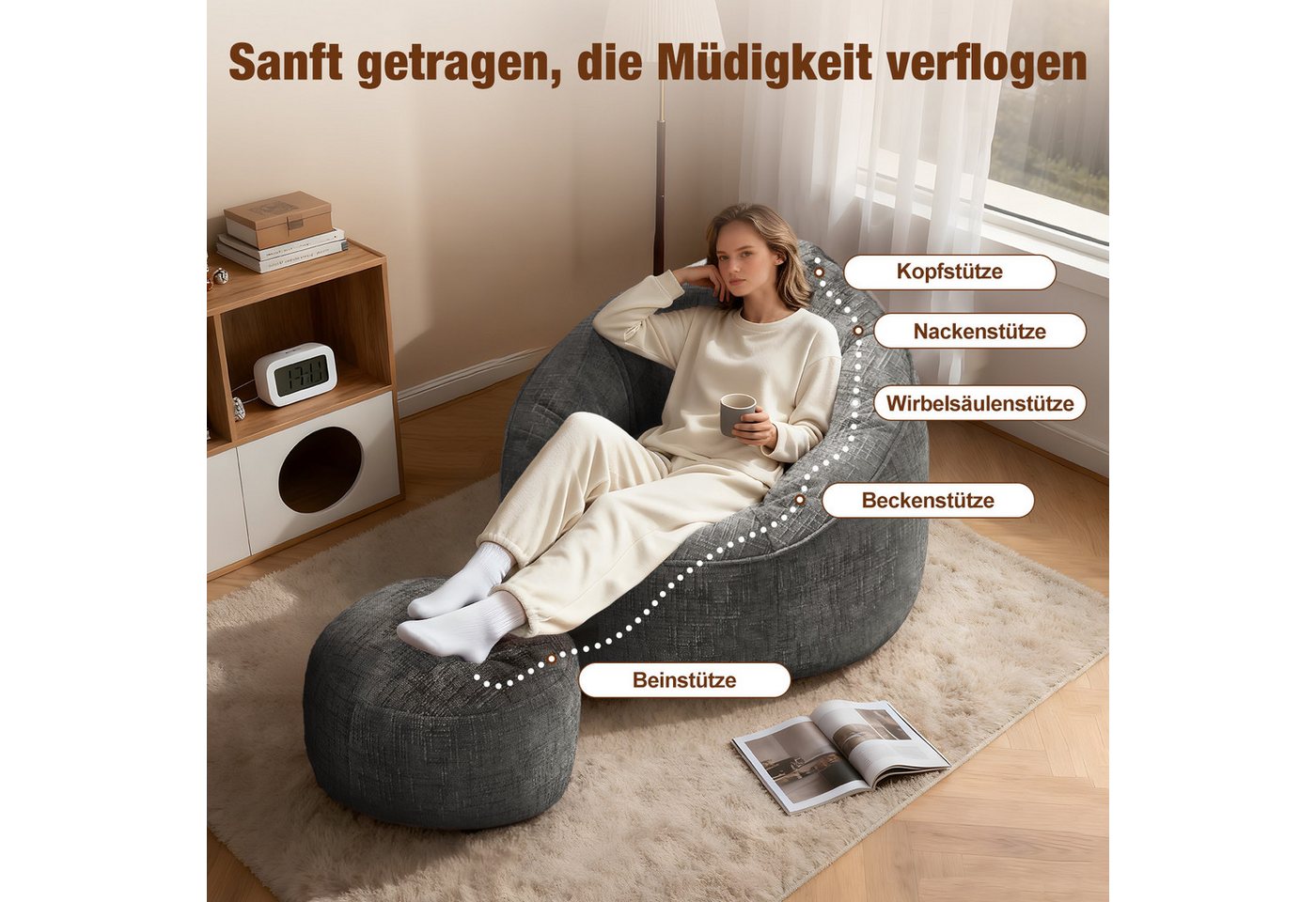 Lexzurn Sitzsack Sitzsack Lazy Sofa Gaming Sitzsack mit Hocker, Sitz Sack mit (Granularer-MemorySchwamm Füllung, Lounge Sessel, Lounge Stuhl, 97x93x77 cm Couch  – Bild 2 von 5