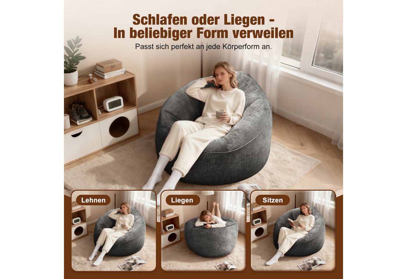 Lexzurn Sitzsack Sitzsack Lazy Sofa Gaming Sitzsack mit Hocker, Sitz Sack mit (Granularer-MemorySchwamm Füllung, Lounge Sessel, Lounge Stuhl, 97x93x77 cm Couch  – Bild 5 von 5