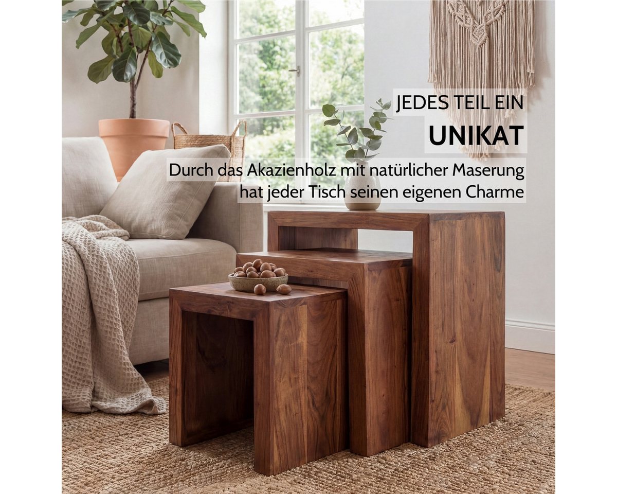 Liadomo Beistelltisch Bianca, Couchtisch, Nachttisch, Holztisch, Wohnzimmertisch (3er-Set), Massivholz, braun, 3-teilig, 3 Größen, Unikat – Bild 2 von 5
