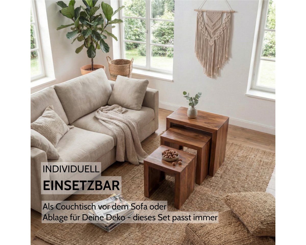 Liadomo Beistelltisch Bianca, Couchtisch, Nachttisch, Holztisch, Wohnzimmertisch (3er-Set), Massivholz, braun, 3-teilig, 3 Größen, Unikat – Bild 3 von 5