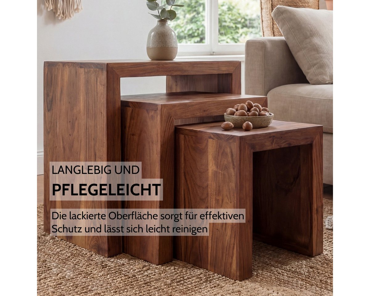 Liadomo Beistelltisch Bianca, Couchtisch, Nachttisch, Holztisch, Wohnzimmertisch (3er-Set), Massivholz, braun, 3-teilig, 3 Größen, Unikat – Bild 4 von 5