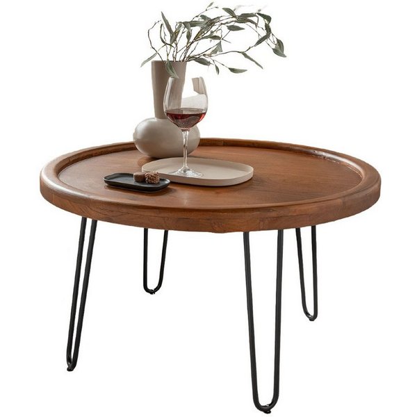Liadomo Couchtisch Bettina, Beistelltisch, Wohnzimmertisch, Massivholztisch, Massivholz Akazie, Hairpin-Beine, mit Bodenausgleich, Ø 80 cm