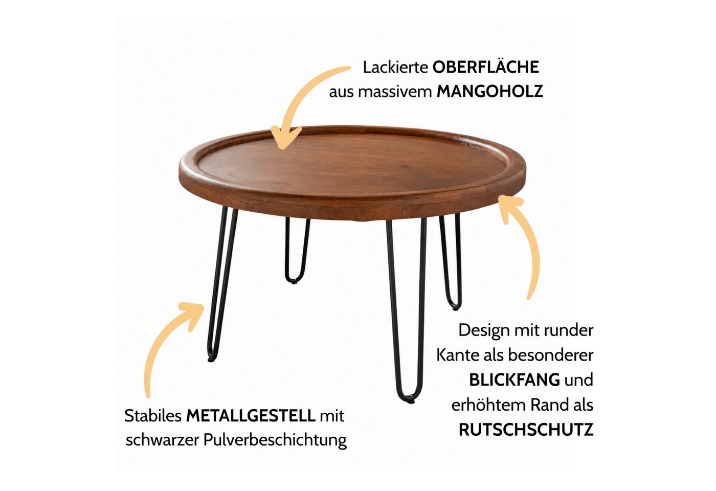 Liadomo Couchtisch Bettina, Beistelltisch, Wohnzimmertisch, Massivholztisch, Massivholz Akazie, Hairpin-Beine, mit Bodenausgleich, Ø 80 cm – Bild 2 von 5