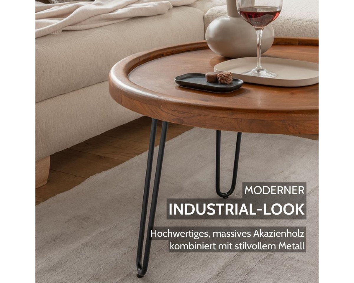 Liadomo Couchtisch Bettina, Beistelltisch, Wohnzimmertisch, Massivholztisch, Massivholz Akazie, Hairpin-Beine, mit Bodenausgleich, Ø 80 cm – Bild 3 von 5