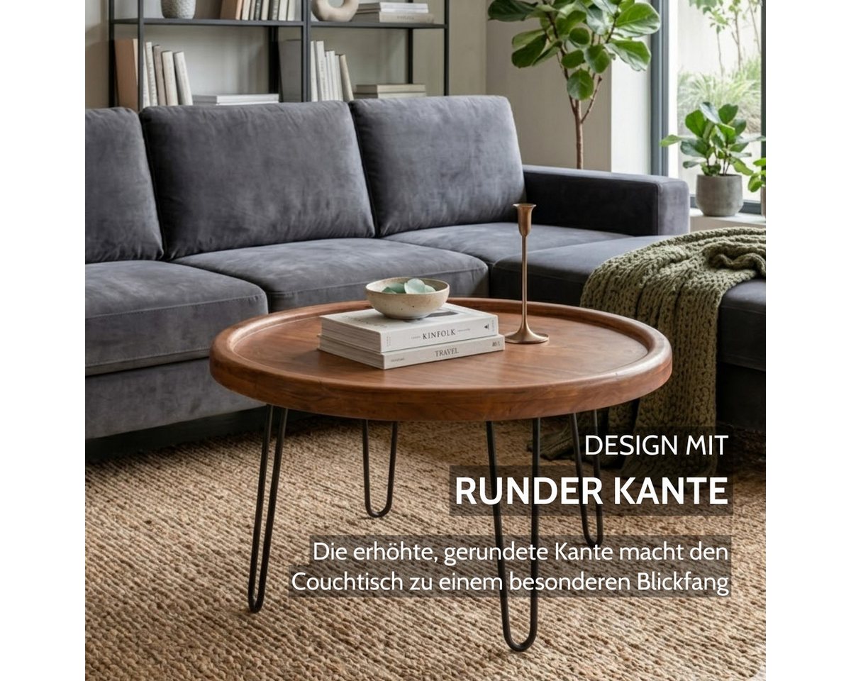 Liadomo Couchtisch Bettina, Beistelltisch, Wohnzimmertisch, Massivholztisch, Massivholz Akazie, Hairpin-Beine, mit Bodenausgleich, Ø 80 cm – Bild 4 von 5