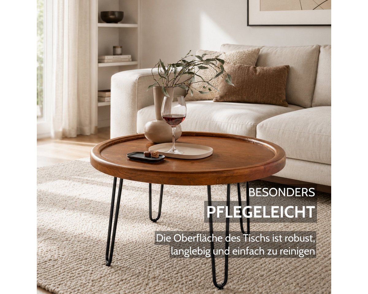 Liadomo Couchtisch Bettina, Beistelltisch, Wohnzimmertisch, Massivholztisch, Massivholz Akazie, Hairpin-Beine, mit Bodenausgleich, Ø 80 cm – Bild 5 von 5