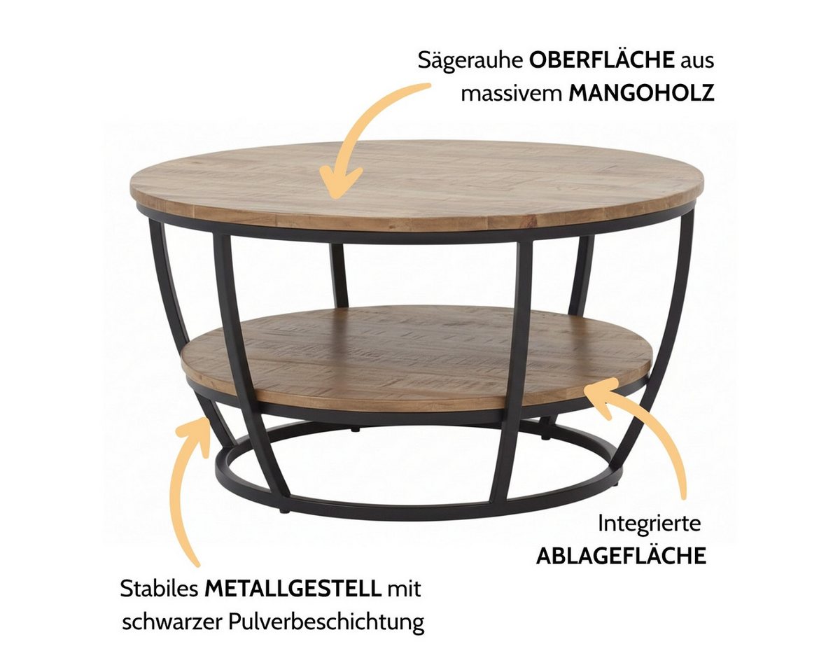 Liadomo Couchtisch Gianna, Beistelltisch, Wohnzimmertisch, mit zusätzlicher Ablage, runde Platte Mangoholz massiv, Metallgestell schwarz – Bild 2 von 5