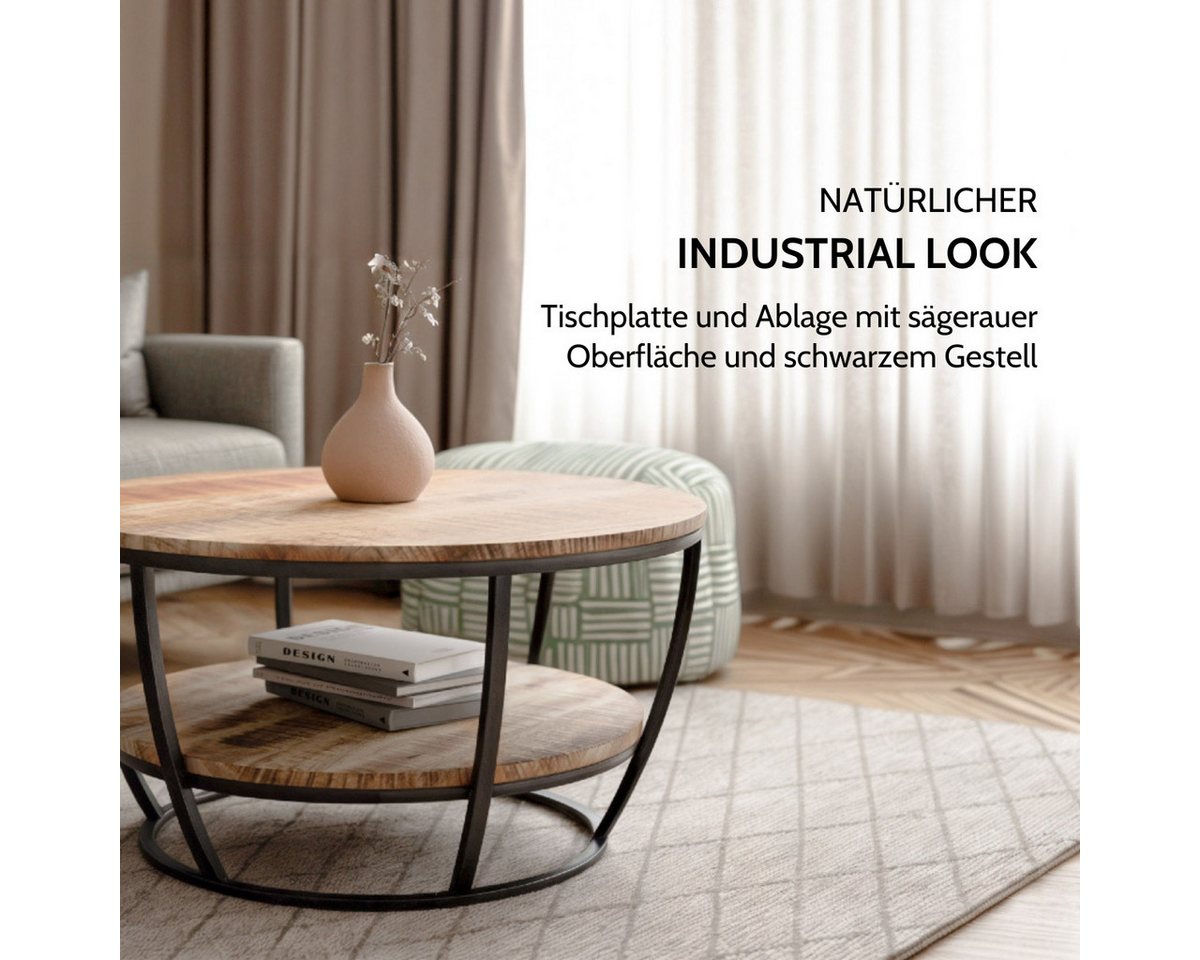 Liadomo Couchtisch Gianna, Beistelltisch, Wohnzimmertisch, mit zusätzlicher Ablage, runde Platte Mangoholz massiv, Metallgestell schwarz – Bild 3 von 5