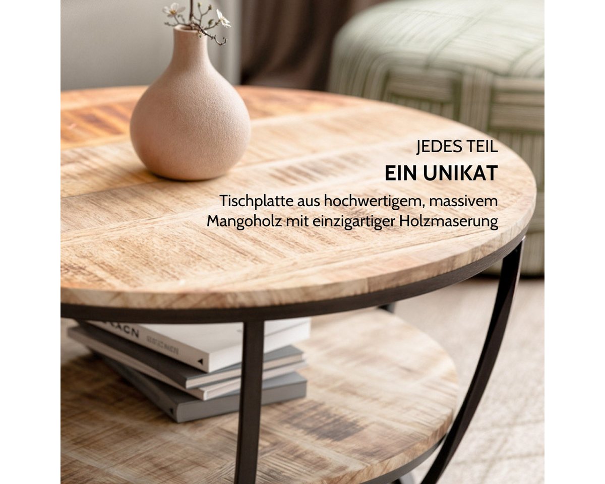 Liadomo Couchtisch Gianna, Beistelltisch, Wohnzimmertisch, mit zusätzlicher Ablage, runde Platte Mangoholz massiv, Metallgestell schwarz – Bild 4 von 5