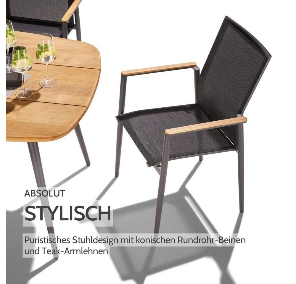 Liadomo Gartenstuhl Mannoli Gartensessel, Stapelstuhl, Outdoor-Stuhl für Terrasse & Balkon (Gartenstuhl-Set, stapelbar, 6 St), Armlehnen Teak, Textilgewebe, Alu – Bild 4 von 5