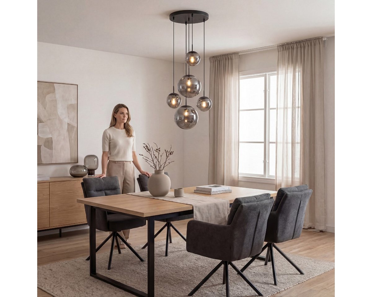 Liadomo Pendelleuchte Vetro, Leuchtmittel inklusive, Warmweiß, 5-flammig, Cluster, Rauchglasschirme, E27, für hohe Decken geeignet – Bild 4 von 5