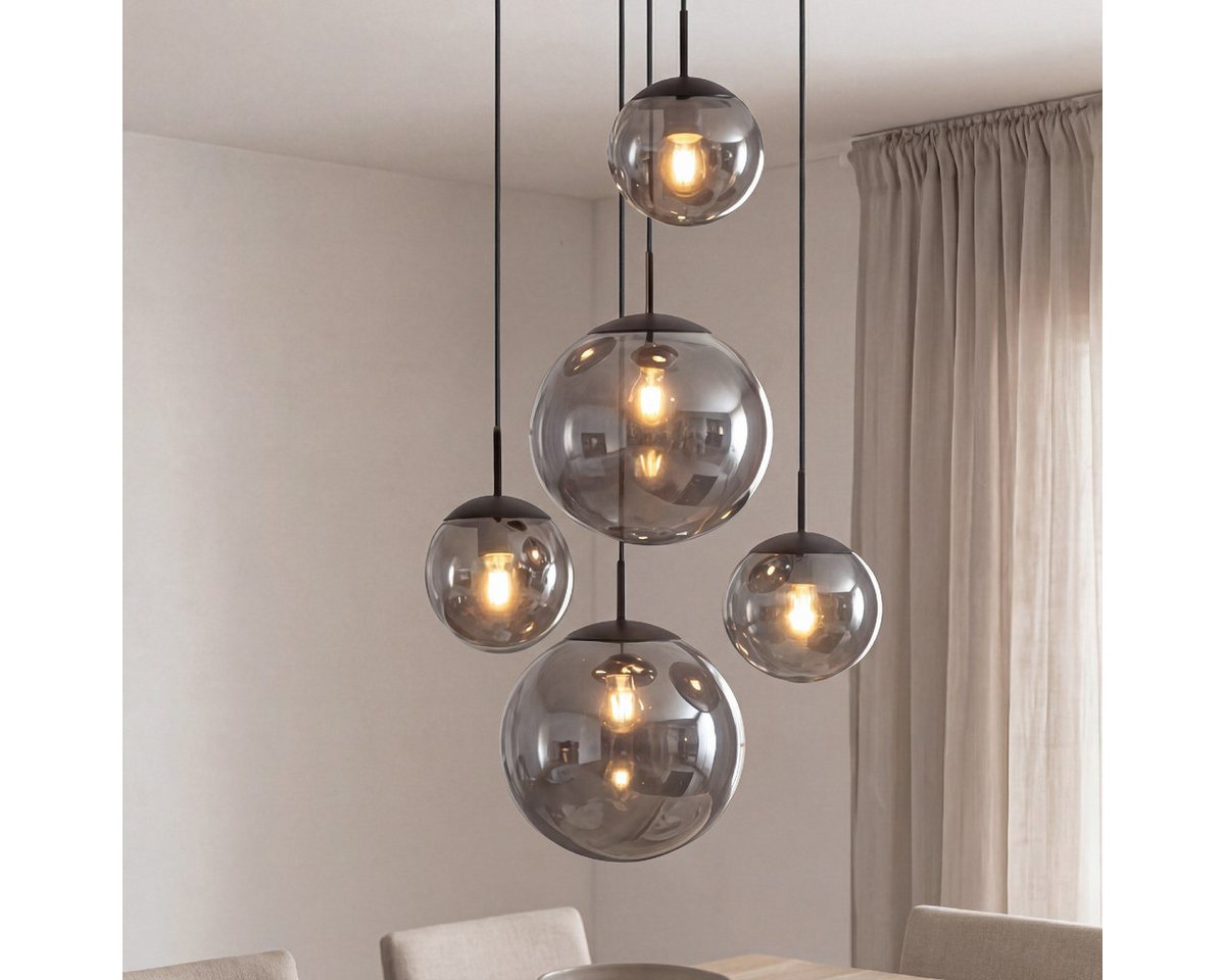 Liadomo Pendelleuchte Vetro, Leuchtmittel inklusive, Warmweiß, 5-flammig, Cluster, Rauchglasschirme, E27, für hohe Decken geeignet – Bild 5 von 5