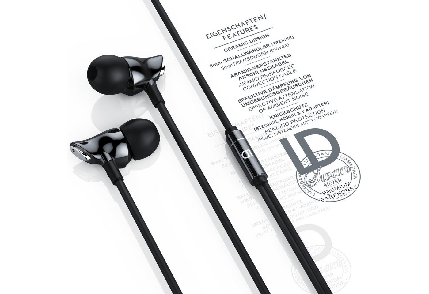 LIAM&DAAN Ceramic High End Earphone "Swan" 3,5 mm Klinkenanschluss, 8mm Treiber In-Ear-Kopfhörer (passive Geräuschdämpfung, Aramid Kabel mit Knickschutz, inkl.  – Bild 2 von 5