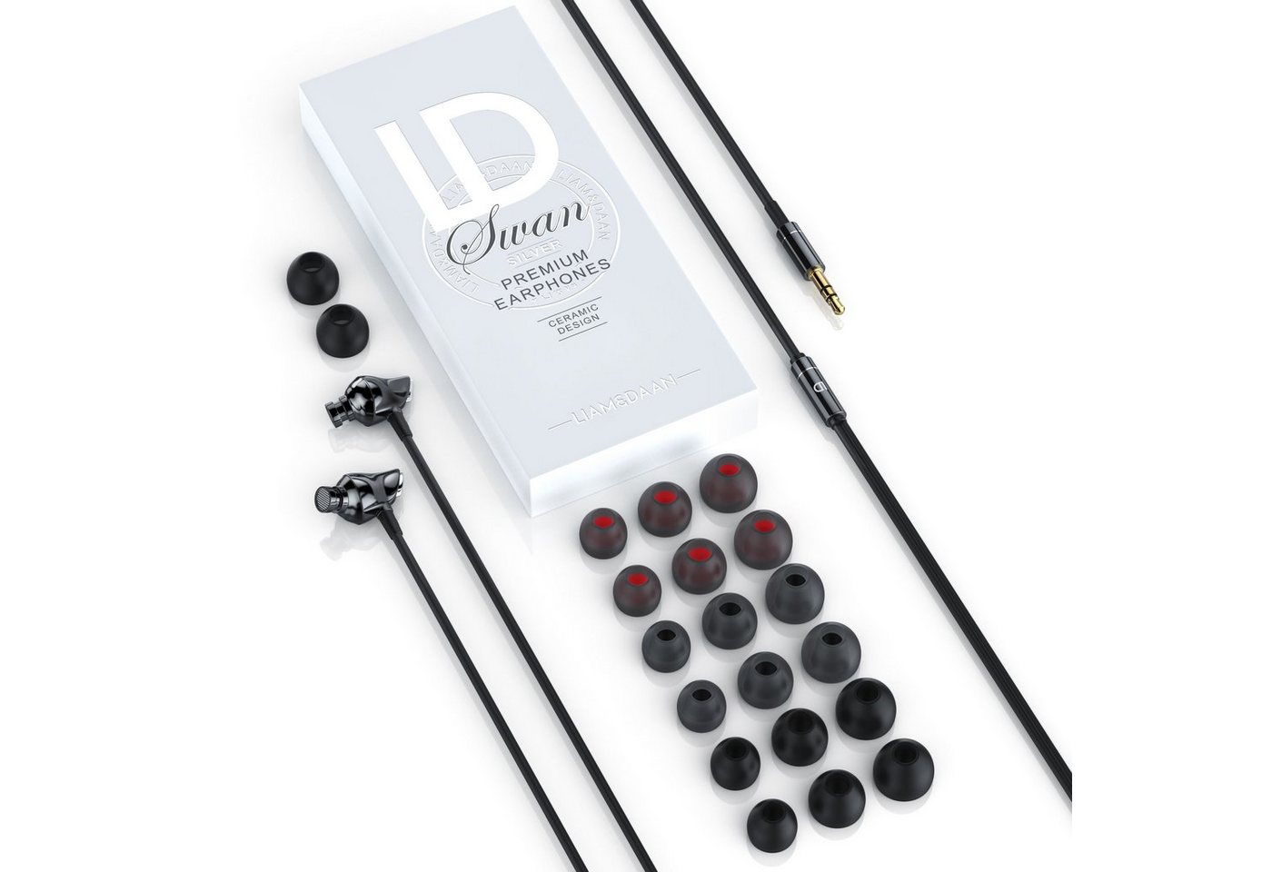 LIAM&DAAN Ceramic High End Earphone "Swan" 3,5 mm Klinkenanschluss, 8mm Treiber In-Ear-Kopfhörer (passive Geräuschdämpfung, Aramid Kabel mit Knickschutz, inkl.  – Bild 3 von 5