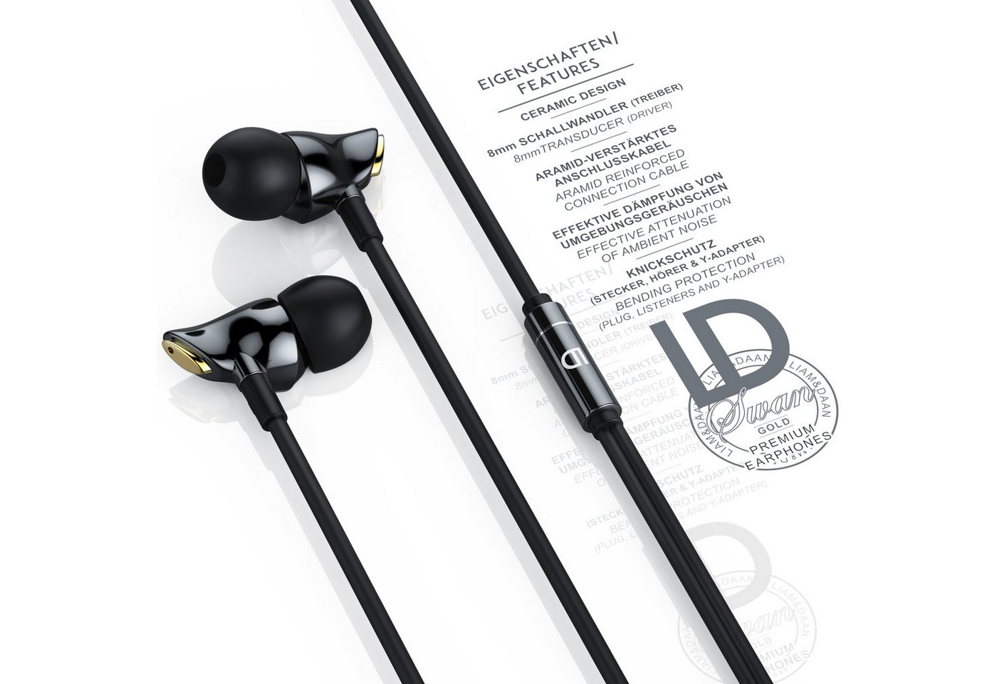 LIAM&DAAN High End Ceramic "Swan" 8mm Treiber, Aramid Kabel, Knickschutz In-Ear-Kopfhörer (passive Geräuschdämpfung, 3,5 mm Klinkenanschluss, verstärktes Kabel, – Bild 2 von 5