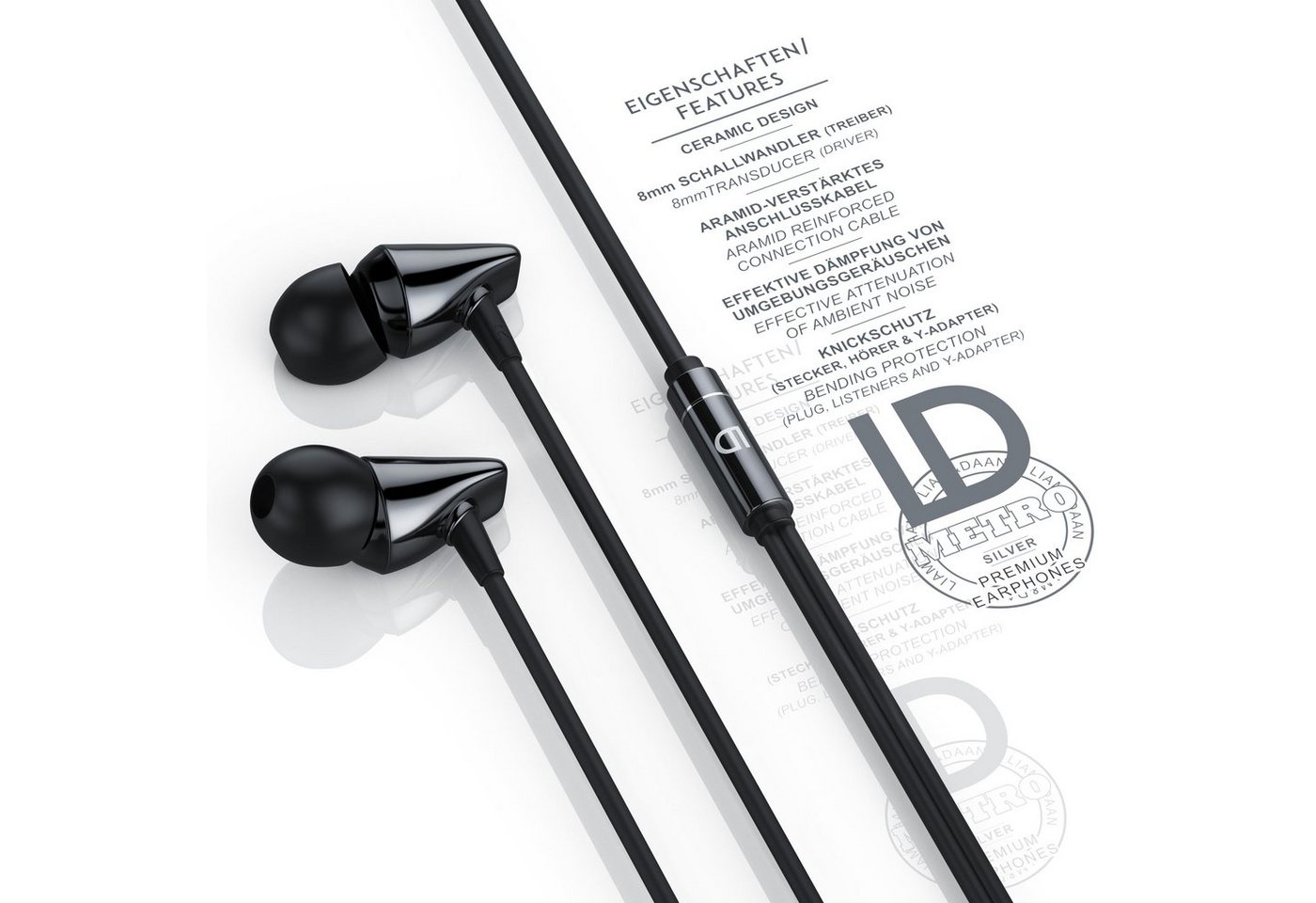 LIAM&DAAN High End "Metro" Keramik Gehäuse, In-Ear-Kopfhörer mit Kabel In-Ear-Kopfhörer (passive Geräuschdämpfung, Earphones mit 8mm Treiber & Aramid Kabel, ink – Bild 2 von 5