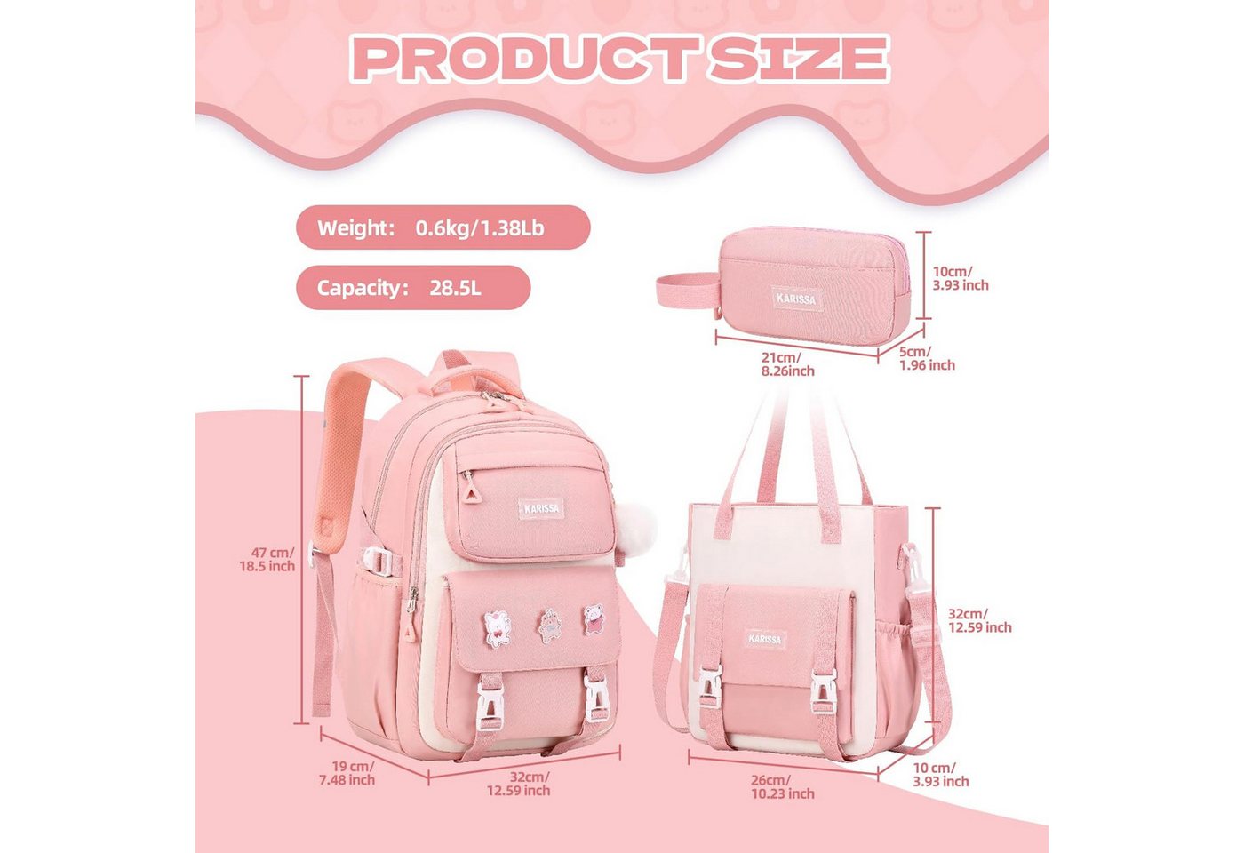 LIANNA Schulrucksack 3-teiliger Mädchen Schulrucksack, leicht, wasserabweisend (Set, 3-tlg., 3-teiliger Mädchen Schulrucksack, leicht, wasserabweisend) – Bild 2 von 5