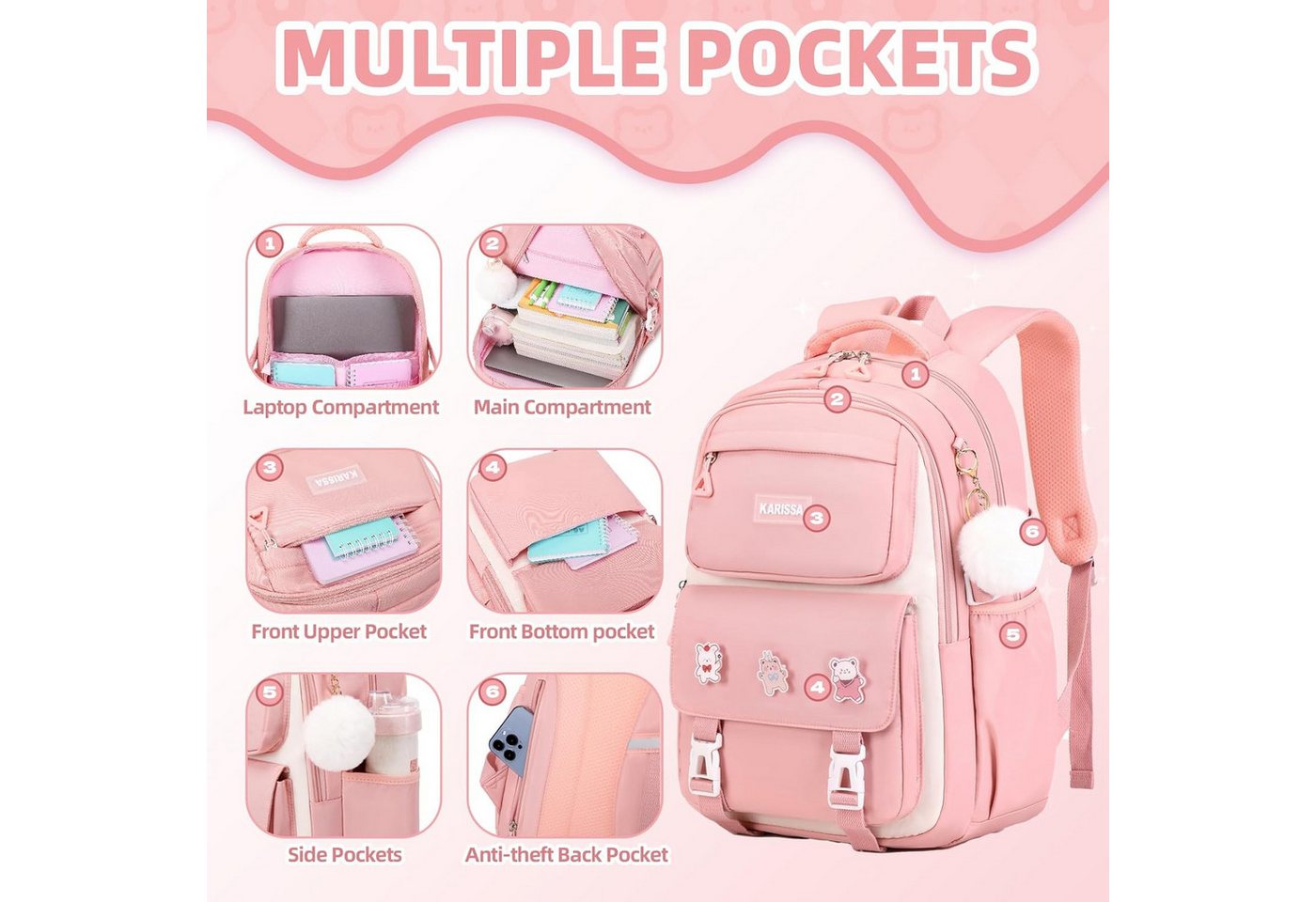 LIANNA Schulrucksack 3-teiliger Mädchen Schulrucksack, leicht, wasserabweisend (Set, 3-tlg., 3-teiliger Mädchen Schulrucksack, leicht, wasserabweisend) – Bild 3 von 5