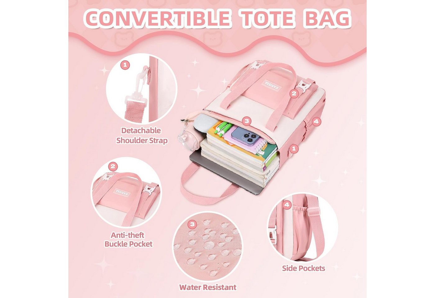 LIANNA Schulrucksack 3-teiliger Mädchen Schulrucksack, leicht, wasserabweisend (Set, 3-tlg., 3-teiliger Mädchen Schulrucksack, leicht, wasserabweisend) – Bild 4 von 5