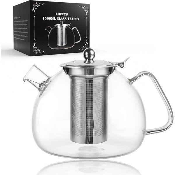LIBWYS Teekanne Teekanne Glas 1,5L Borosilikat mit Edelstahlsieb Teekanne klar, 1,5 l, (Glas Teekanne 1500 ml mit Edelstahlsieb und Glasdeckel Set, Teekanne 1,5