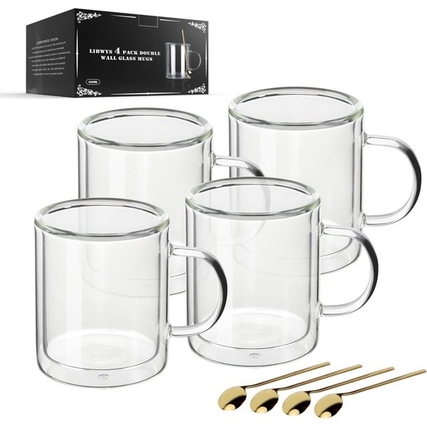 LIBWYS Thermoglas Doppelwandige Gläser 4er Set 350ml mit Griff Latte Macchiato Glas, Borosilikatglas, Doppelwandig, isolierend, mit Griff, transparent, vielseit