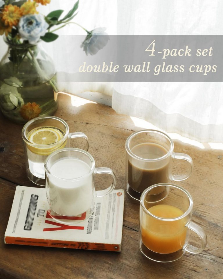 LIBWYS Thermoglas Doppelwandige Gläser 4er Set 350ml mit Griff Latte Macchiato Glas, Borosilikatglas, Doppelwandig, isolierend, mit Griff, transparent, vielseit – Bild 2 von 5