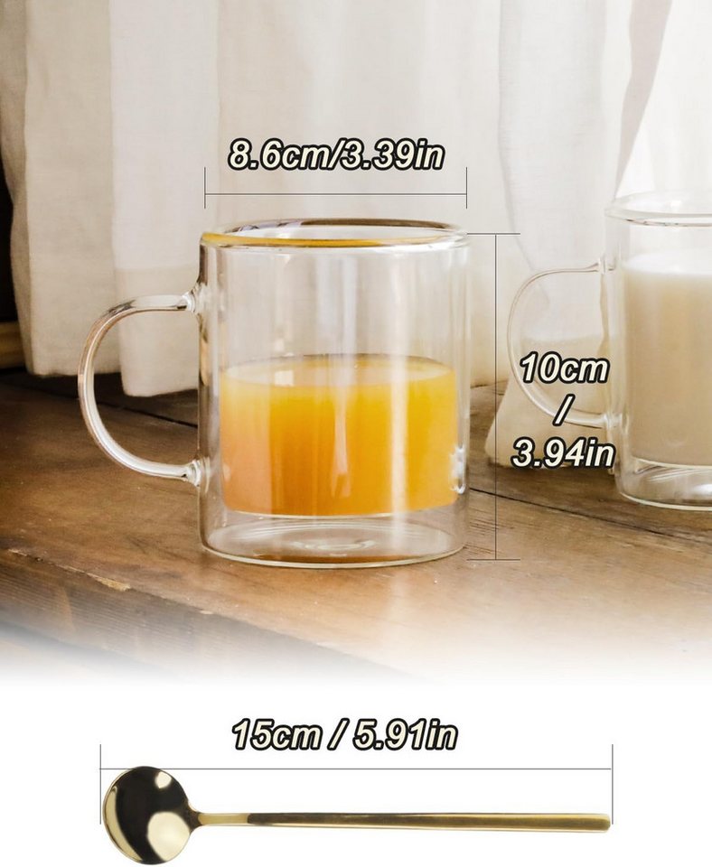 LIBWYS Thermoglas Doppelwandige Gläser 4er Set 350ml mit Griff Latte Macchiato Glas, Borosilikatglas, Doppelwandig, isolierend, mit Griff, transparent, vielseit – Bild 3 von 5