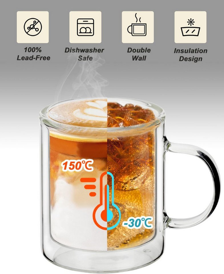 LIBWYS Thermoglas Doppelwandige Gläser 4er Set 350ml mit Griff Latte Macchiato Glas, Borosilikatglas, Doppelwandig, isolierend, mit Griff, transparent, vielseit – Bild 4 von 5