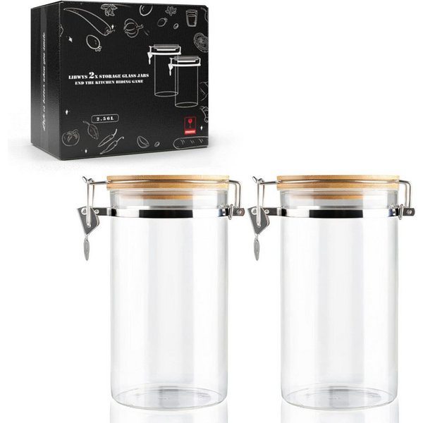 LIBWYS Vorratsglas Vorratsglas 2,56L mit Bambusdeckel und Bügelverschluss, Glasbehälter, Glas Bambus, (2er Set, 2-tlg., Gesamtvolumen 2 × 1,28 L, 2 Vorratsgläse