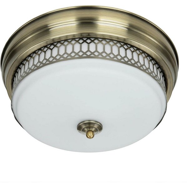 Licht-Erlebnisse Deckenleuchte BROOKS, ohne Leuchtmittel, in Messing Antik Weiß IP44 2-flammig E27 D: 35 cm Glas Metall BROOKS