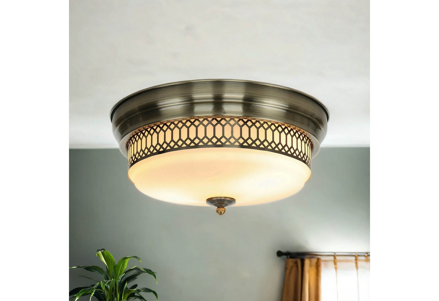 Licht-Erlebnisse Deckenleuchte BROOKS, ohne Leuchtmittel, in Messing Antik Weiß IP44 2-flammig E27 D: 35 cm Glas Metall BROOKS – Bild 2 von 5