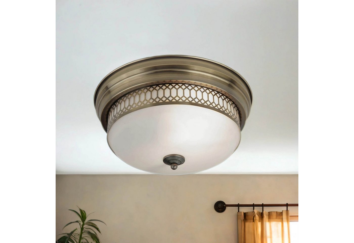 Licht-Erlebnisse Deckenleuchte BROOKS, ohne Leuchtmittel, in Messing Antik Weiß IP44 2-flammig E27 D: 35 cm Glas Metall BROOKS – Bild 3 von 5