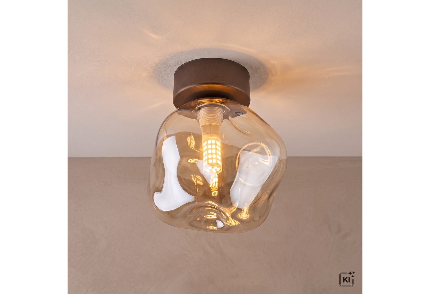 Licht-Erlebnisse Deckenleuchte UMERA, ohne Leuchtmittel, Rauchglas Metall Braun Cognac G9 rund Modern – Bild 2 von 5