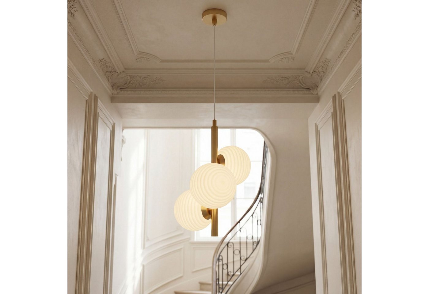Licht-Erlebnisse Pendelleuchte EINKON, ohne Leuchtmittel, Glas Metall Gold Weiß B:32,5 cm 3-flammig H: max. 150 cm E27 Esstisch – Bild 2 von 5