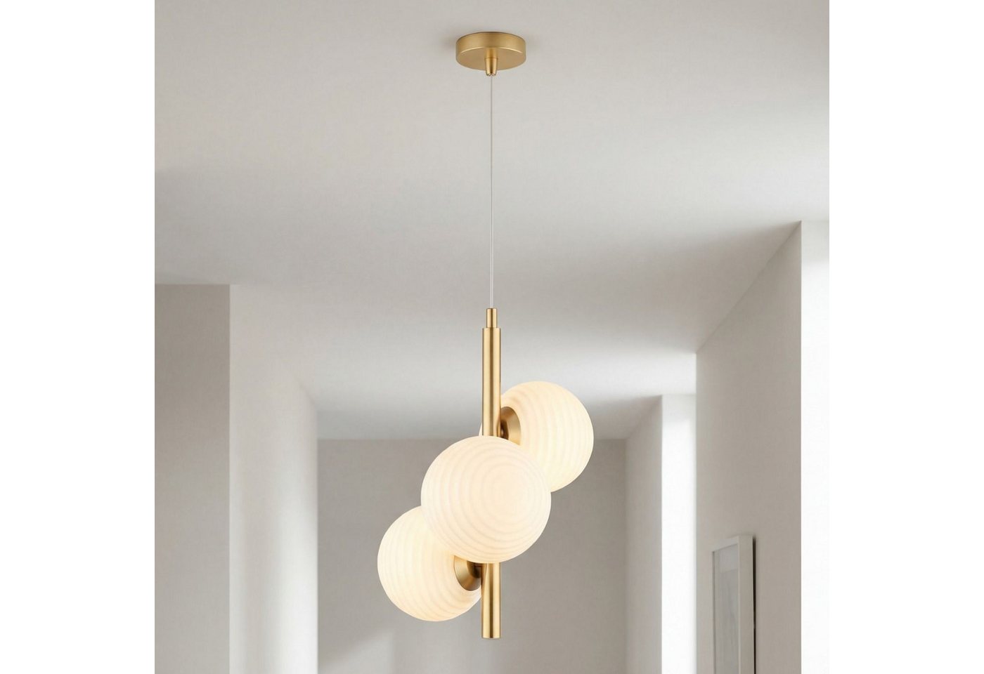 Licht-Erlebnisse Pendelleuchte EINKON, ohne Leuchtmittel, Glas Metall Gold Weiß B:32,5 cm 3-flammig H: max. 150 cm E27 Esstisch – Bild 3 von 5