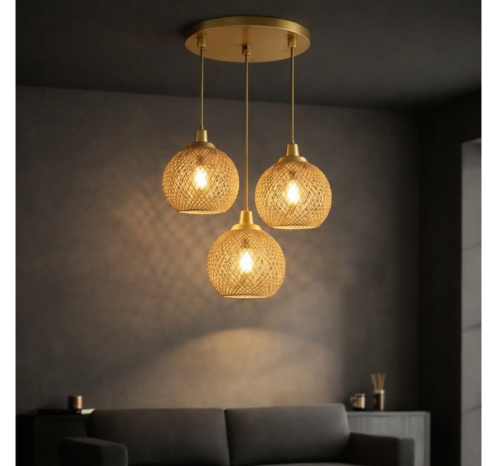 Licht-Erlebnisse Pendelleuchte NORWIN, ohne Leuchtmittel, B: 30 cm H: max. 95 cm in Gold Antik E27 3-flammig Korb Schirm – Bild 2 von 2