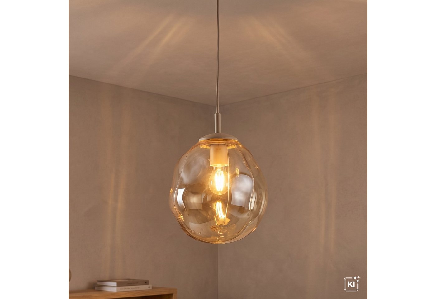 Licht-Erlebnisse Pendelleuchte UMERA, ohne Leuchtmittel, Glas Metall E27 H: max. 175 cm Sandfarben Cognac rund Modern – Bild 2 von 5