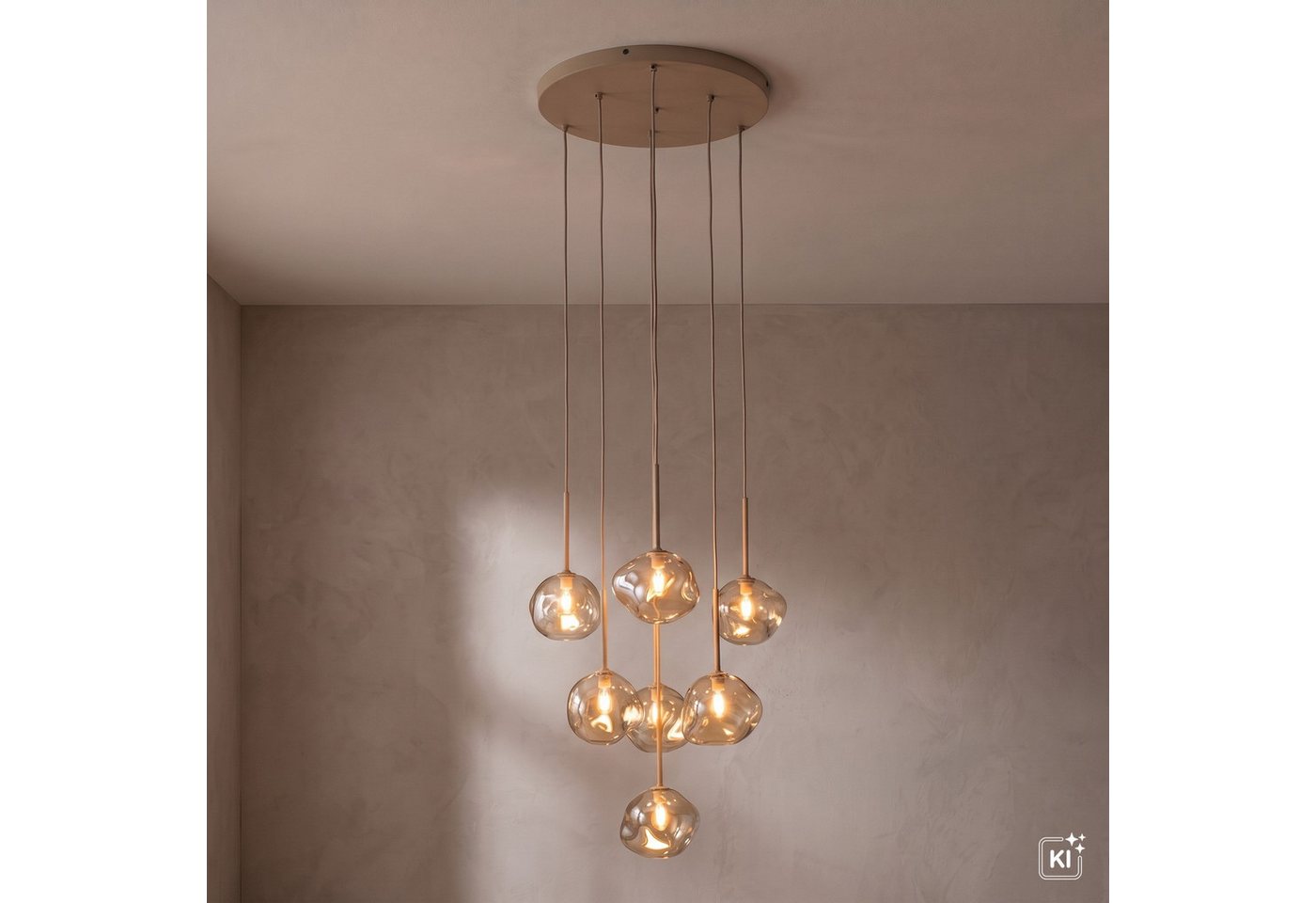 Licht-Erlebnisse Pendelleuchte UMERA, ohne Leuchtmittel, Metall Glas G9 B: 485 cm H: max. 150 cm Sandfarben Cognac Modern – Bild 2 von 5