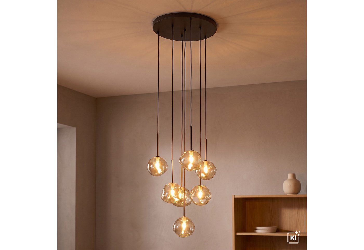 Licht-Erlebnisse Pendelleuchte UMERA, ohne Leuchtmittel, Glas Metall G9 485 cm breit H: max. 150 cm Braun Cognac Modern – Bild 2 von 5