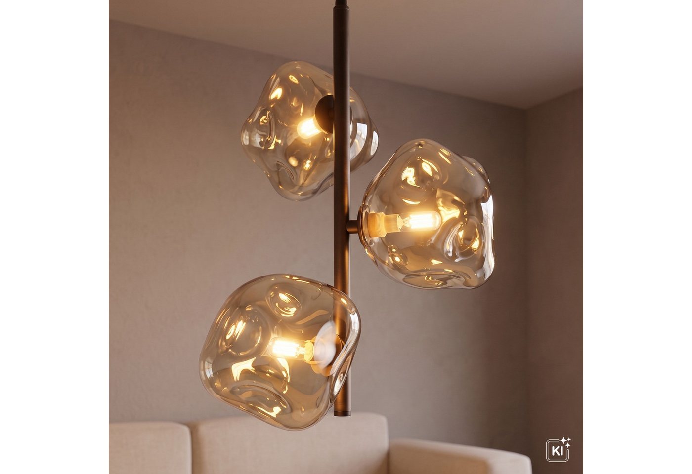 Licht-Erlebnisse Pendelleuchte UMERA, ohne Leuchtmittel, Metall Rauchglas G9 29 cm breit H: max. 90 cm Braun Cognac 3-flammig – Bild 2 von 5