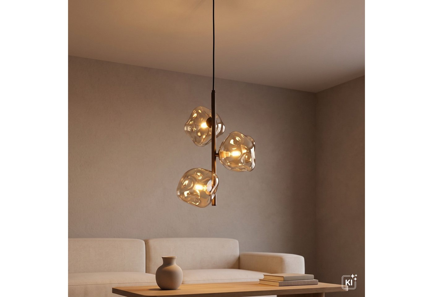 Licht-Erlebnisse Pendelleuchte UMERA, ohne Leuchtmittel, Metall Rauchglas G9 29 cm breit H: max. 90 cm Braun Cognac 3-flammig – Bild 4 von 5